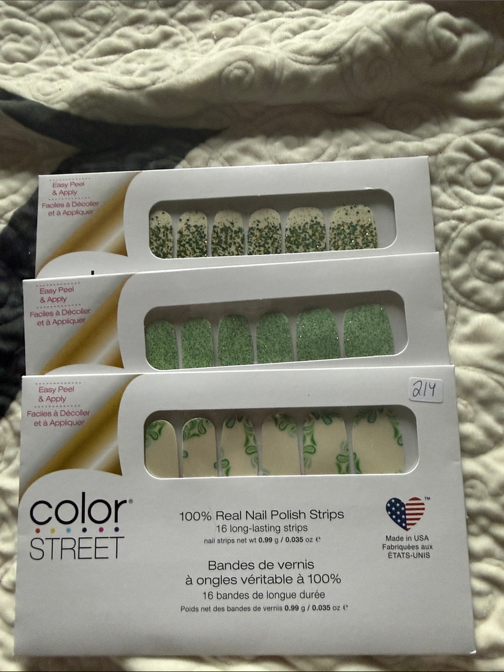 Color Street Green Nail Strips Trio - Glitter, Solid & Vine Designs